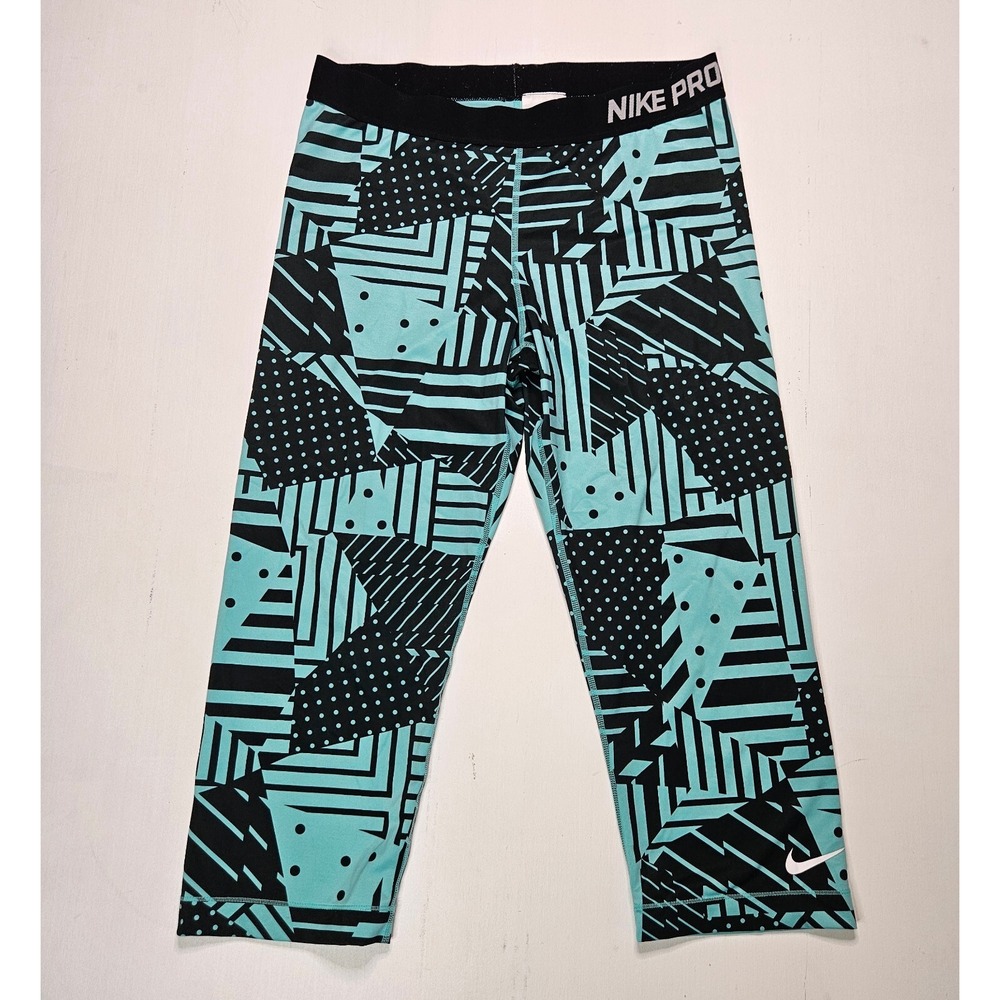 Nike Pro Leggings Women XL Teal‎ Geometric Patchwork Abstract Printed Athletic